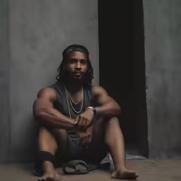a man squatting down by a concrete building