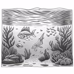 a drawing of a sea bottom with fish and a sponge coral