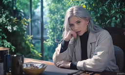 a blond woman is sitting at a table looking pensively