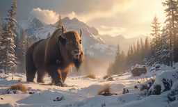 a very big furry animal walking through some snowy fields