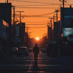a person walking down a street in the middle of the night