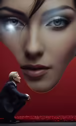 an older man is sitting in front of a poster