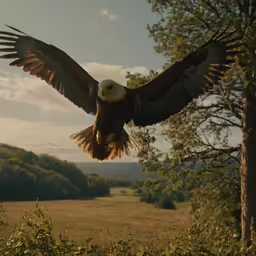 an eagle is soaring over the forest during the day