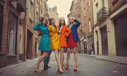 the four young ladies dressed in very fashionable outfits stand together on the street