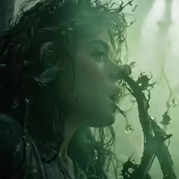 a woman with long dark hair holding a plant