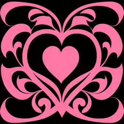 a pink heart on a black background,pink heart with an ornate pattern on black,a heart with swirls in the middle on a black background,a pink heart with some swirls in it,pink and black hearts over a black background