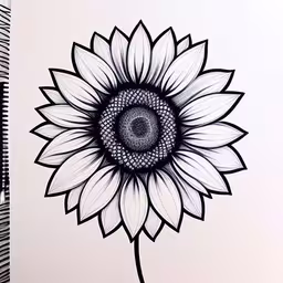 a drawing of a flower on paper,an artistic drawing of a sunflower, which has white petals
