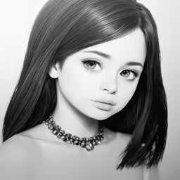 a black and white photo of a young girl with long hair