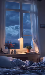 a bed sits in front of a window with the sky lit up