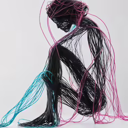 a sculpture of the form - like female sits on a floor with many cords wrapped around her