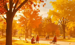 several children are walking in the fall park