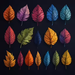 several different colored leaves that are on top of a black surface