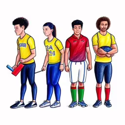 a group of men standing next to each other,four male soccer players with a soccer ball and a red ball