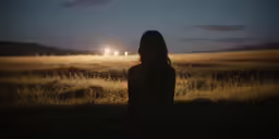 a woman sitting in front of a field at night