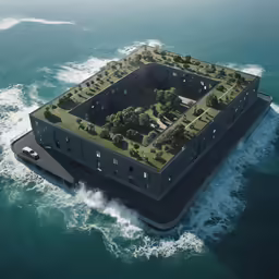 a large concrete structure with trees on it is floating on water