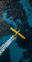 a yellow plane flying over the ocean waters