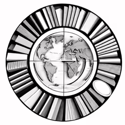 a black and white drawing of the world in a circle