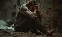 a man sitting on the ground holding his hand up