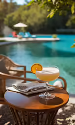two cocktails sit on the table near a pool