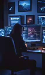 the person is sitting at the computer in the dark