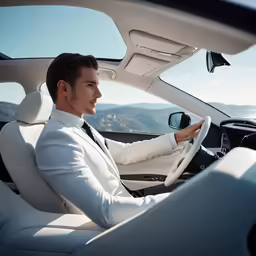 a man in a suit driving his car
