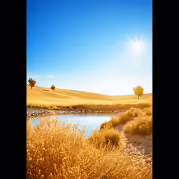 a river flowing through a field next to a dry grass covered hillside