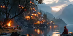 a person is sitting in front of a body of water at night