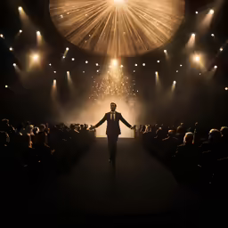 a man is walking down the runway with his arms wide open