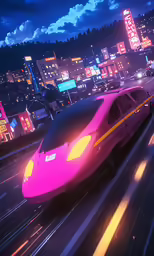 a car with purple paint drives down a city street