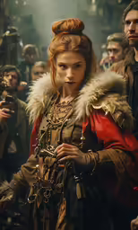 a woman in a costume looks to the side