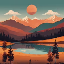 a painting of a sunset over the mountain range with lake in foreground,a landscape painting of a lake and mountains with a man walking away from the scene