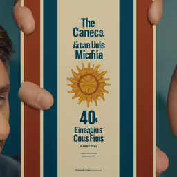 a man holding up a pamphlet with a sun design