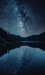 a lake with lots of stars in the sky