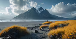 a rocky beach with tall grass and mountains