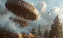 an alien war ship flying over some trees