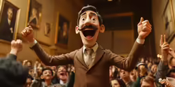 a cartoon man is surrounded by a crowd of people