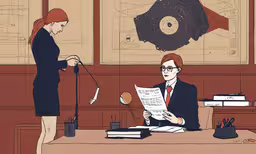 two people at a desk, one is reading and the other is doing paperwork,an illustration of a lady standing at a table with a woman looking at papers