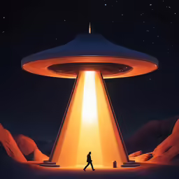 man walking past a strange alien object in the night