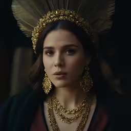 a woman wearing gold jewelry in a dark room