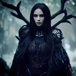 the girl wearing dark feathers stands near the forest