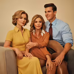 two men and a woman sitting on the couch together