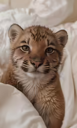 a baby tiger cub standing on top of a white sheet