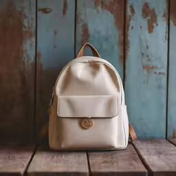 an ivory colored backpack is on a wooden floor