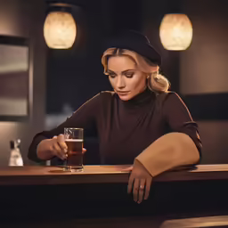 a woman sitting at a bar with a glass
