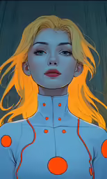 a beautiful blond girl with a blue bodysuit and red circles on her chest