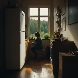 a person sitting on a chair looking out the window