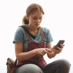 a woman wearing an apron on her lap looking at her phone