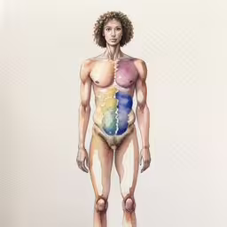 a painting of a naked woman with multiple colors on her body,a watercolor painting of a naked woman with her hands on her hip