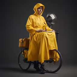 a woman in yellow raincoat sitting on a bike