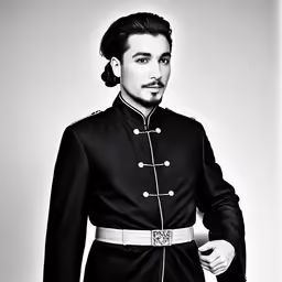 a man is wearing a black jacket and white uniform